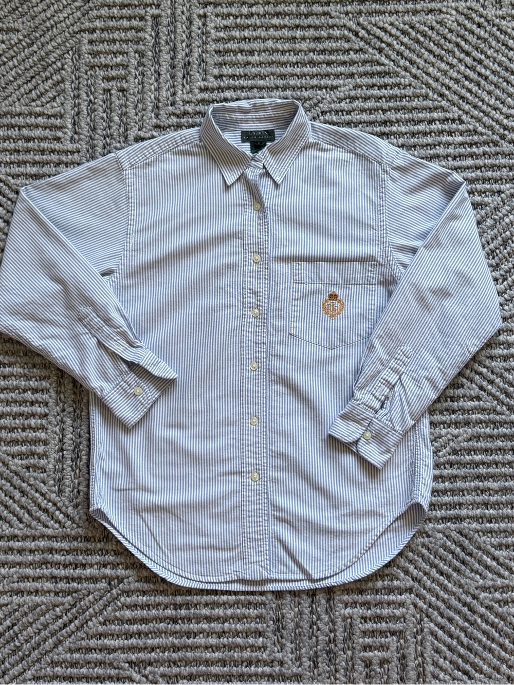 Ralph Lauren White and Blue Pinstripe Button-Down Shirt with Crest Pocket